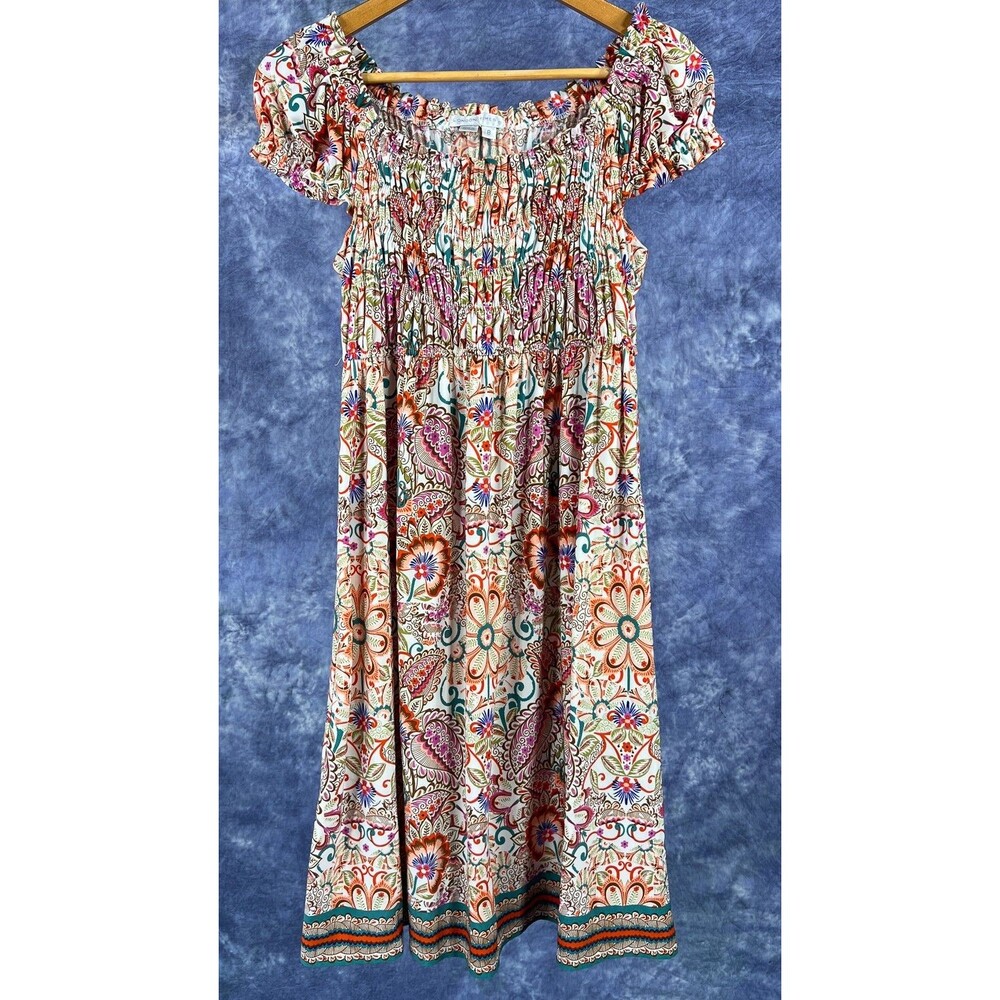 LONDON TIMES Ivory Multicolor Paisley Floral Dress Sz 8 Ruched Bodice